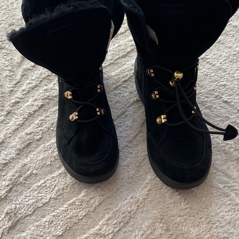 DKNY Black Suede and Fur Lined Boots Boots with Gold Accents